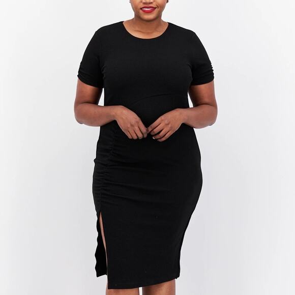 Rachel Rachel Roy Textured Midi Dress Short Sleeve Ruched Side Black Siz 22W NWT - Picture 1 of 16